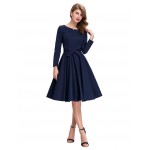 100%Cotton Long Sleeve 50s rockabilly dresses 2016 Autumn Retro Vintage 1950s Big Swing Midi Tunic Rockabilly Dress With Belt