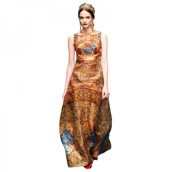 1388 Free Shipping  Woman Fashion Runway Ethnic Retro Vintage Long Maxi Silk Print Dresses for Women Dress Summer style