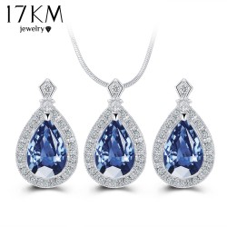 17KM Fashion Blue Crystal Water Drop Jewelry Set Necklace set African Beads Charms Maxi Earrings Statement  Wedding Jewelry Set