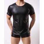 1PCS Cool Men PU Faux Leather T-Shirts Hot Sexy Club Dance Wear Light Standard Man T-shirt Cool Pajamas FX1016