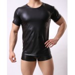 1PCS Cool Men PU Faux Leather T-Shirts Hot Sexy Club Dance Wear Light Standard Man T-shirt Cool Pajamas FX1016