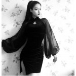 1pc Sexy Women Vintage Gothic Dress Black Chiffon Cheongsam Lantern Sleeve Qipao 