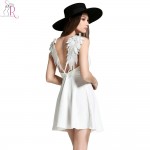 2 Colors Feather Spaghetti Strap Backless Mini Skater Dress Sleeveless Casual Sexy Clubwear Party Dresses 2017 Summer Women