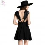 2 Colors Feather Spaghetti Strap Backless Mini Skater Dress Sleeveless Casual Sexy Clubwear Party Dresses 2017 Summer Women