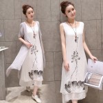 2 Pieces New 2017  Summer China Ink Print Women Plus Size Dress Cotton Linen  A-line Casual O-neck Vintage Grey White Dresses