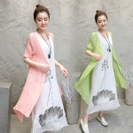 2 Pieces New 2017  Summer China Ink Print Women Plus Size Dress Cotton Linen  A-line Casual O-neck Vintage Grey White Dresses