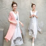 2 Pieces New 2017  Summer China Ink Print Women Plus Size Dress Cotton Linen  A-line Casual O-neck Vintage Grey White Dresses