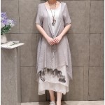 2 Pieces New 2017  Summer China Ink Print Women Plus Size Dress Cotton Linen  A-line Casual O-neck Vintage Grey White Dresses