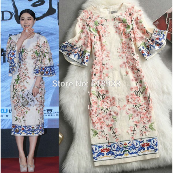 2014 new spring women flare sleeves appliques flowers patterns printed runway jacquard dress luxury brand sheath vintage dresses