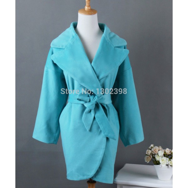 2015  Women Coats pure color Large lapel  belt Blends Korean Style Brief  Overcoats Trench lady Loose Coats 3 colors