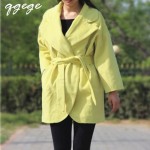 2015  Women Coats pure color Large lapel  belt Blends Korean Style Brief  Overcoats Trench lady Loose Coats 3 colors