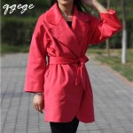 2015  Women Coats pure color Large lapel  belt Blends Korean Style Brief  Overcoats Trench lady Loose Coats 3 colors