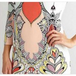 2015 Autumn Runway Dress Women's High Quality 3/4 Sleeve Colorful Abstract Printed Knee Length Jersey Silk Stretch Dress