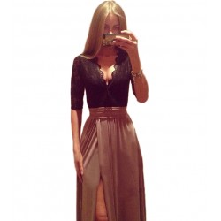 2015 Hot New Lady Sexy Lace Bandage  Party Clubwear Women Long Sleeve Maxi Long Side Slit Dress with bow belt