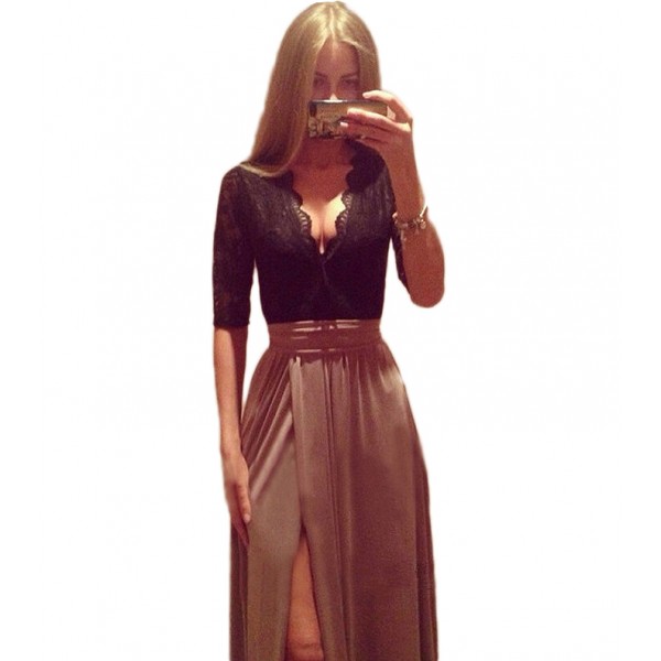 2015 Hot New Lady Sexy Lace Bandage  Party Clubwear Women Long Sleeve Maxi Long Side Slit Dress with bow belt