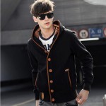 2015 Men Jacket Fleece Elbow Patch Single Breasted Hoodies Male Casual Coat Jacket Autumn Winter Fashion Men Hooded Sweatshirt