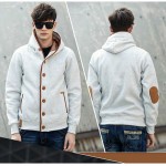 2015 Men Jacket Fleece Elbow Patch Single Breasted Hoodies Male Casual Coat Jacket Autumn Winter Fashion Men Hooded Sweatshirt