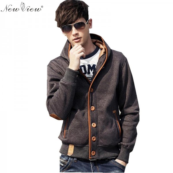 2015 Men Jacket Fleece Elbow Patch Single Breasted Hoodies Male Casual Coat Jacket Autumn Winter Fashion Men Hooded Sweatshirt