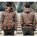 2015 Men Jacket Fleece Elbow Patch Single Breasted Hoodies Male Casual Coat Jacket Autumn Winter Fashion Men Hooded Sweatshirt