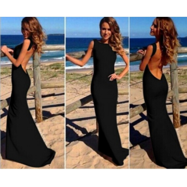 2015 New Summer Polyester Nylon Floor-Length Long Sleeveless Women Dresses Solid Color Backless Sheath Vestidos Party Dress