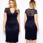 2015 Summer Sexy Slim Women Casual Lace Bodycon Dresses Mini Dress V-Neck Floral Pencil Dress Navy Blue Vestido PLus Size M-4XL