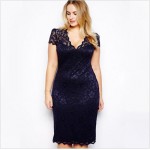 2015 Summer Sexy Slim Women Casual Lace Bodycon Dresses Mini Dress V-Neck Floral Pencil Dress Navy Blue Vestido PLus Size M-4XL