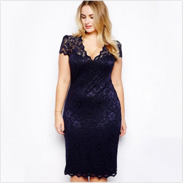 2015 Summer Sexy Slim Women Casual Lace Bodycon Dresses Mini Dress V-Neck Floral Pencil Dress Navy Blue Vestido PLus Size M-4XL