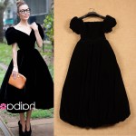 2015 Summer Sweet Elegant Fashion Short Puff Sleeve Pure Black & Blue Medium-long Dress