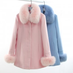 2015 Winter light pink blue fox fur collar wool coat thicker coat female dark button wool twill solid color long sections Slim