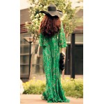 2015 Women's BOHEMIAN Printed Floral Ethnic Green Deep V neck Long Chiffon Dresses Fashion Gisele Beach Dress Sexy MAXI Dress