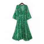 2015 Women's BOHEMIAN Printed Floral Ethnic Green Deep V neck Long Chiffon Dresses Fashion Gisele Beach Dress Sexy MAXI Dress