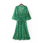 2015 Women's BOHEMIAN Printed Floral Ethnic Green Deep V neck Long Chiffon Dresses Fashion Gisele Beach Dress Sexy MAXI Dress