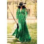 2015 Women's BOHEMIAN Printed Floral Ethnic Green Deep V neck Long Chiffon Dresses Fashion Gisele Beach Dress Sexy MAXI Dress