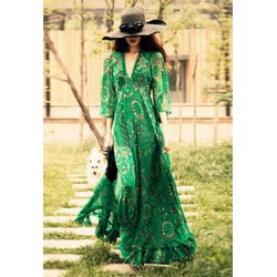 2015 Women's BOHEMIAN Printed Floral Ethnic Green Deep V neck Long Chiffon Dresses Fashion Gisele Beach Dress Sexy MAXI Dress