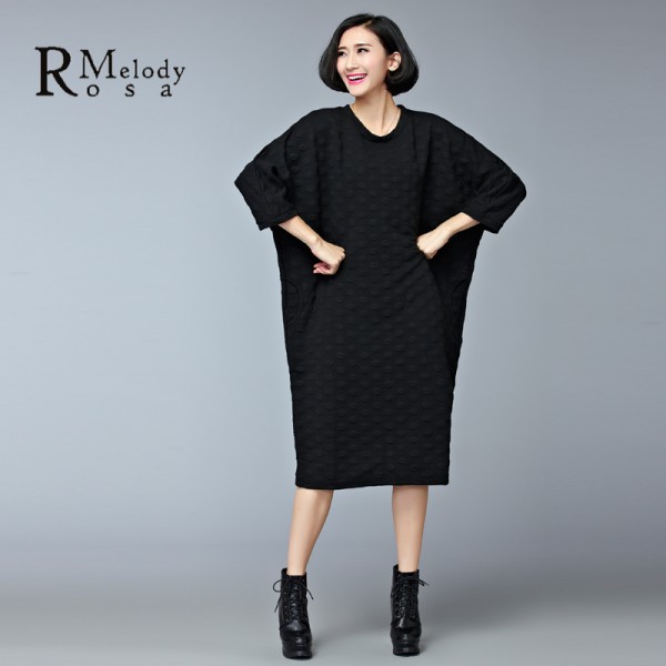 2015 Women's Dresses European Style Casual Winter Thick Cotton Black Gray Plus Size Knee-Length Dress vestidos (R.Melody DS0158)