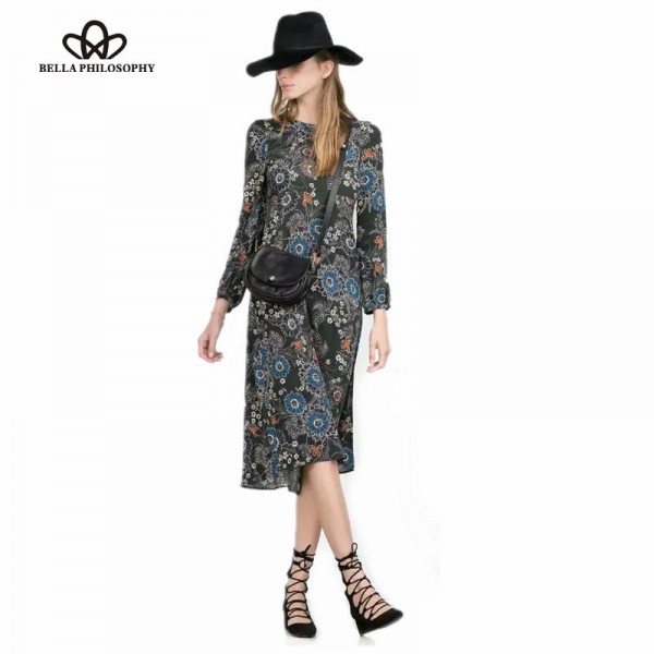 2015 autumn winter new vintage print puff sleeve women long dress