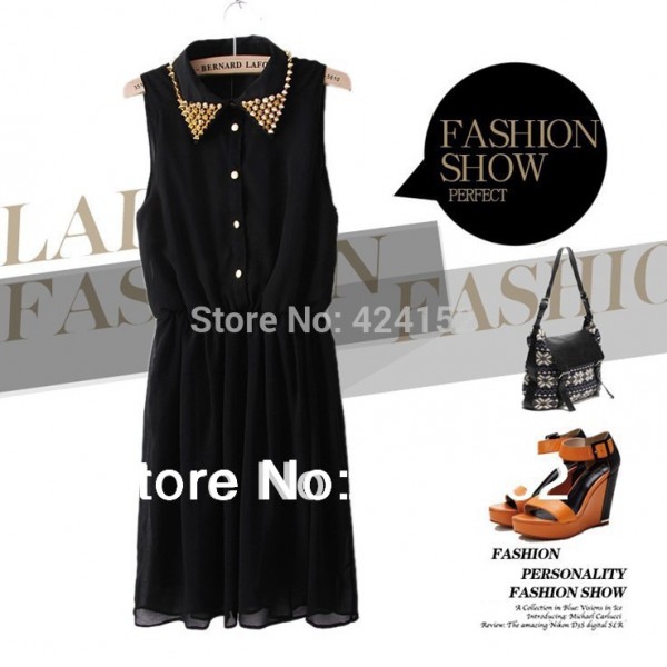 2015 spring and summer fashion women's tank dress taper rivet chiffon sleeveless slim waist one-piece dress black