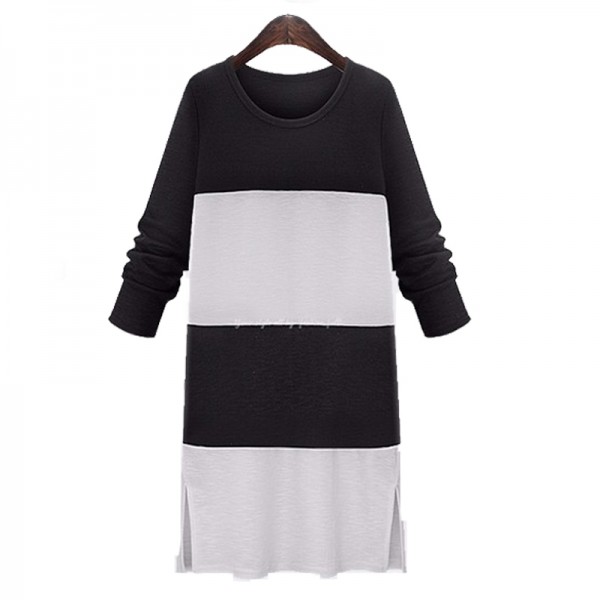 2016 Autumn European Fashion Plus Size XL- 5XL Long Sleeves Patchwork Cotton Women Dress Loose Striped Vistidos Female Clothing