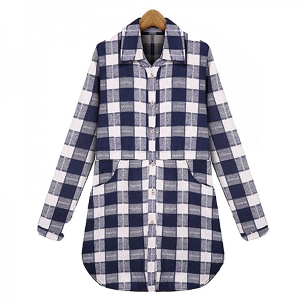 2016 Autumn European Plus size XL- 5XL  Breasted Plaid Cotton Women Long Blouses Long Sleeve Shirts Casual Streetwear Clothing