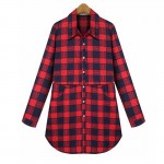 2016 Autumn European Plus size XL- 5XL  Breasted Plaid Cotton Women Long Blouses Long Sleeve Shirts Casual Streetwear Clothing