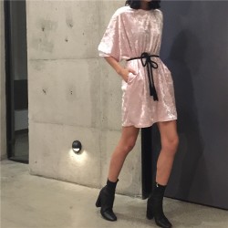 2016 Autumn Korean New Arrival Women Shining Velvet Dress Half-sleeved Loose Casual Tee Dress Pink Gray Green