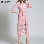 2016 Autumn Long Lace Dress Cut Out Pink Blue Fit And Flare Sleeve Bodycon Tunic Evening Party Midi Dress European Style