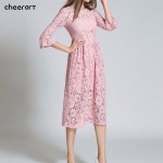 2016 Autumn Long Lace Dress Cut Out Pink Blue Fit And Flare Sleeve Bodycon Tunic Evening Party Midi Dress European Style