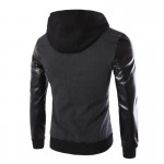 2016 Autumn Men`s Hooded Jacket With Leather Sleeves Motorcycle Faux Leather Slim Fit Hoodie Jacket With Hood