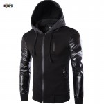2016 Autumn Men`s Hooded Jacket With Leather Sleeves Motorcycle Faux Leather Slim Fit Hoodie Jacket With Hood