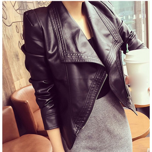 2016 Autumn Winter Large lapel Faux Leather jacket Women Outerwear Pu veste en cuir femme Zipper Motorcycle Coat jaqueta couro