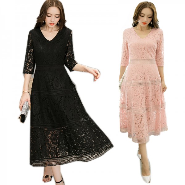 2016 Autumn Women lace long dress pinched waist casual party dress longos vestidos plus size female vestidos de festa XXXXL 3927