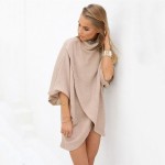 2016 Autumn winter fashion occident vintage pink color flare half sleeve turtleneck asymmetrecal loose mini women dresses 1B505