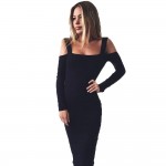 2016 Black White Sexy Solid Long Sleeve Bandage Party Dress Hollow Out Off The Shoulder Backless Midi Bodycon Women Dresses