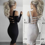 2016 Black White Sexy Solid Long Sleeve Bandage Party Dress Hollow Out Off The Shoulder Backless Midi Bodycon Women Dresses
